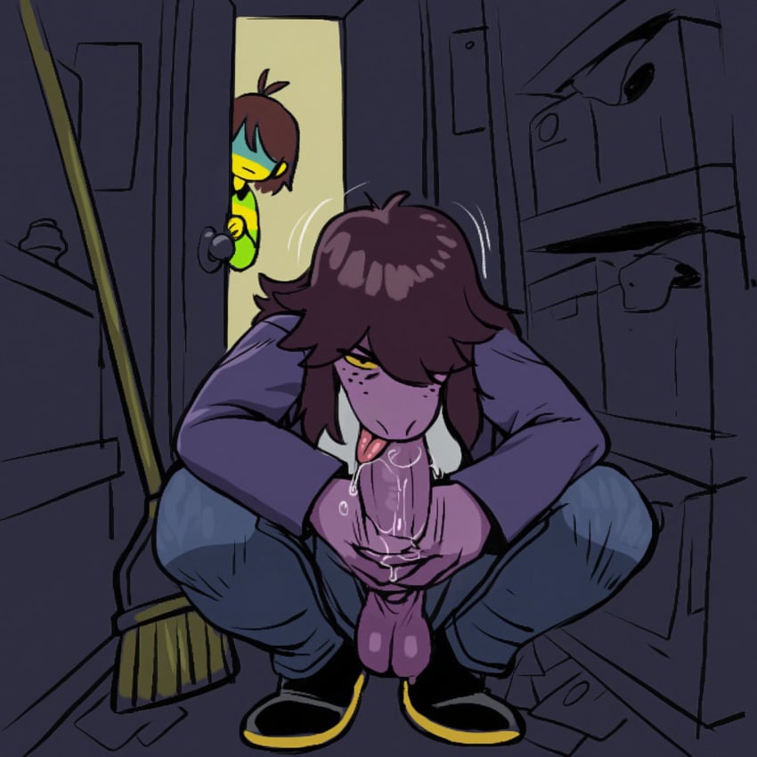ai_generated autofellatio balls deltarune deltarune_tomorrow futanari intersex kris_(deltarune) nudealert penis susie_(deltarune) tagme undertale_(series) watching