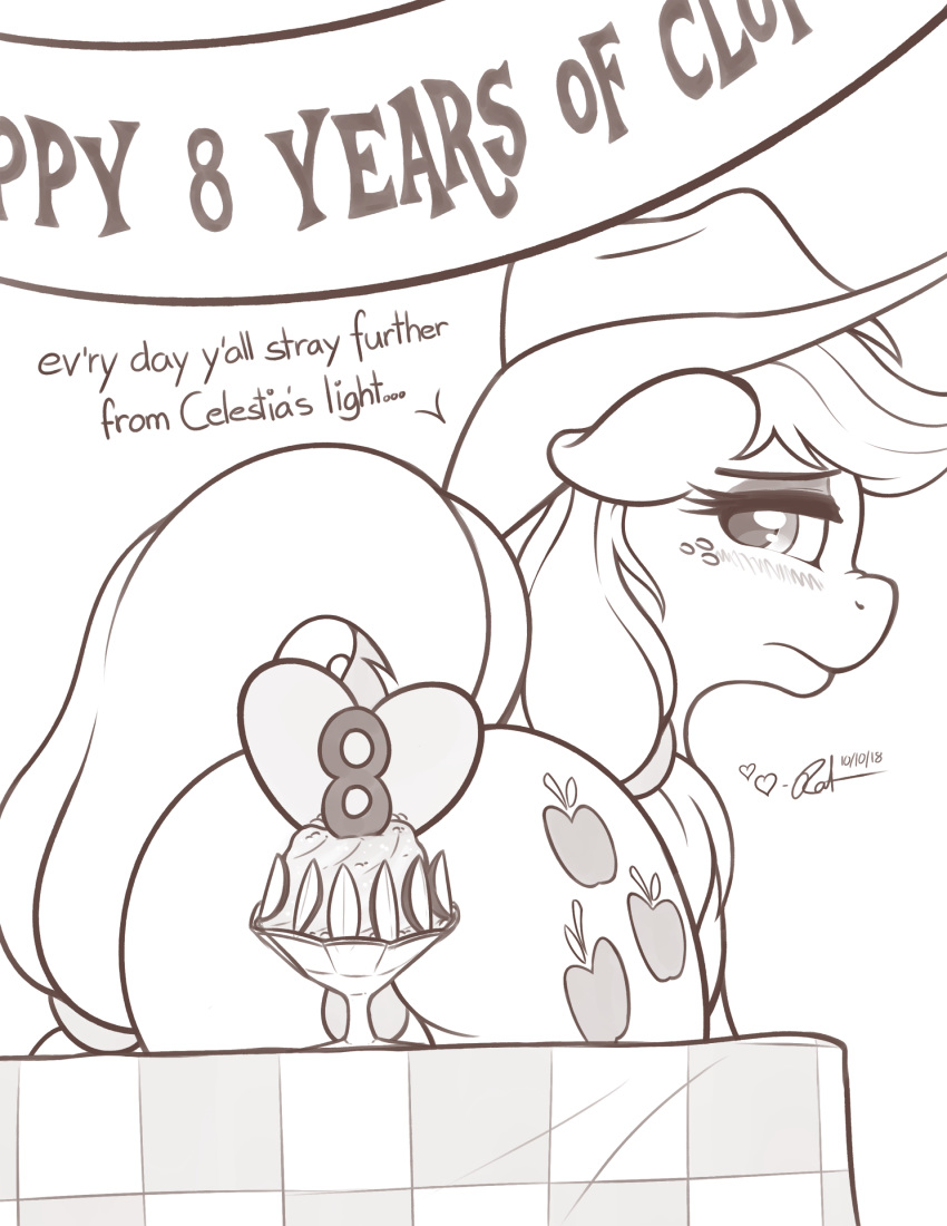 2018 applejack_(mlp) ass blush cutie_mark dessert dock earth_pony english_text equine female feral food freckles friendship_is_magic greyscale hair hat horse looking_at_viewer looking_back mammal monochrome my_little_pony pony pussy ratofdrawn solo table text