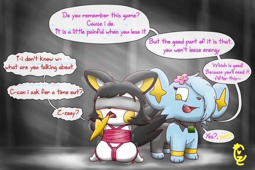 blindfold blush body_swap bondage bound charlx dialogue dominant dominant_female duo emolga female feral feral_on_feral generation_4_pokemon generation_5_pokemon hi_res kneeling male nintendo pokemon pokemon_(species) shinx soupcanz transformation zoey_the_emolga