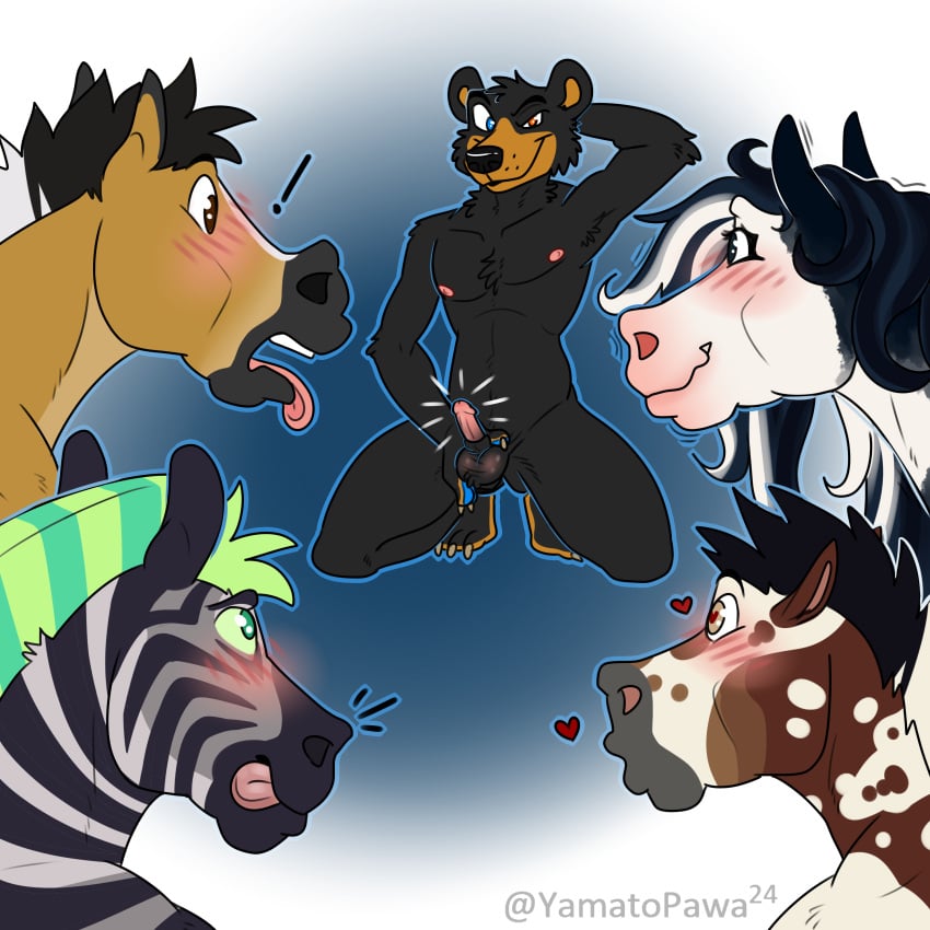 absurd_res anthro balls bear blush bowie_(yasuno) equid equine female genitals group hi_res horse male male/female male/male mammal nipples penis size_difference small_penis yamato_burr yamatopawa zebra