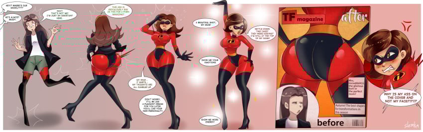 ass ass_expansion bimbofication bodysuit breasts bubble_butt curvy_female elastigirl expansion female gender_transformation helen_parr identity_death slemka superheroine tagme the_incredibles transformation