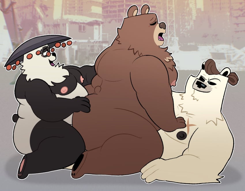 anal anthro anukkyt asian_conical_hat bear belly ben_bigger brown_body brown_fur clothing eyewear facial_scar fur giant_panda glasses group group_sex hat headgear headwear hi_res male male/male male_penetrated male_penetrating male_penetrating_male mammal mihoyo multicolored_body multicolored_fur nipples nitro_fuel_bear nude overweight pan_yin_hu penetration polar_bear scar sex threesome trio ursine white_body white_fur zenless_zone_zero