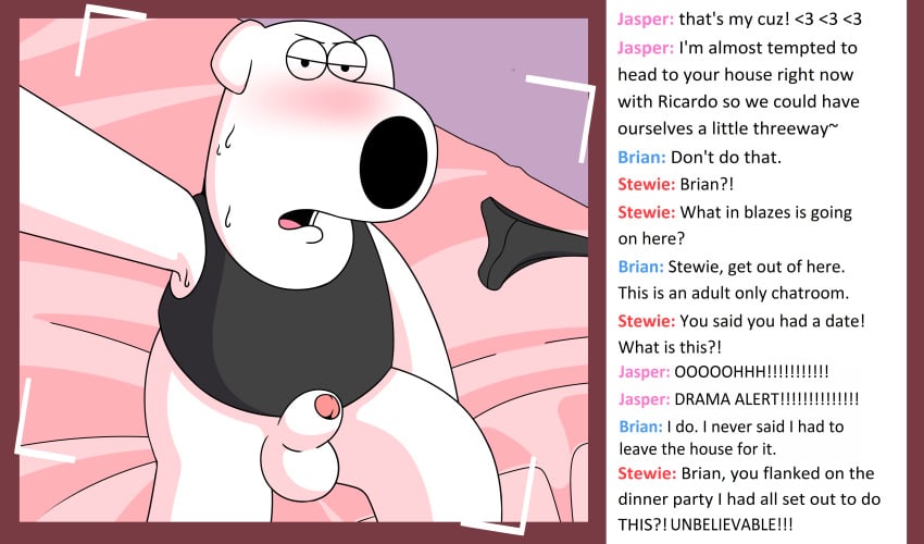 animal_genitalia balls bed blush bottomless brian_griffin camera_view canine chat clothed clothing dialogue erection family_guy foreskin holding_camera holding_object humor jasper_(family_guy) looking_at_viewer male mammal partially_retracted_foreskin penis sheath shirt solo speedo stewie_griffin sushibroadcast sweat swimsuit tank_top text uncut underwear webcam yaoi