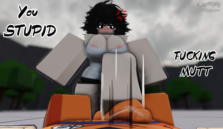 1boy1girl 3d anatomically_incorrect anger_vein areola_slip areolae ballbusting big_breasts breasts broken_penis cleavage clothed clothing cock_and_ball_torture dragon_ball english_text female foot_fetish foot_on_penis footjob goku male needyasuu penis roblox roblox_avatar roblox_game robloxian stepping_on_penis swear tagme text the_strongest_battlegrounds thighs watermark