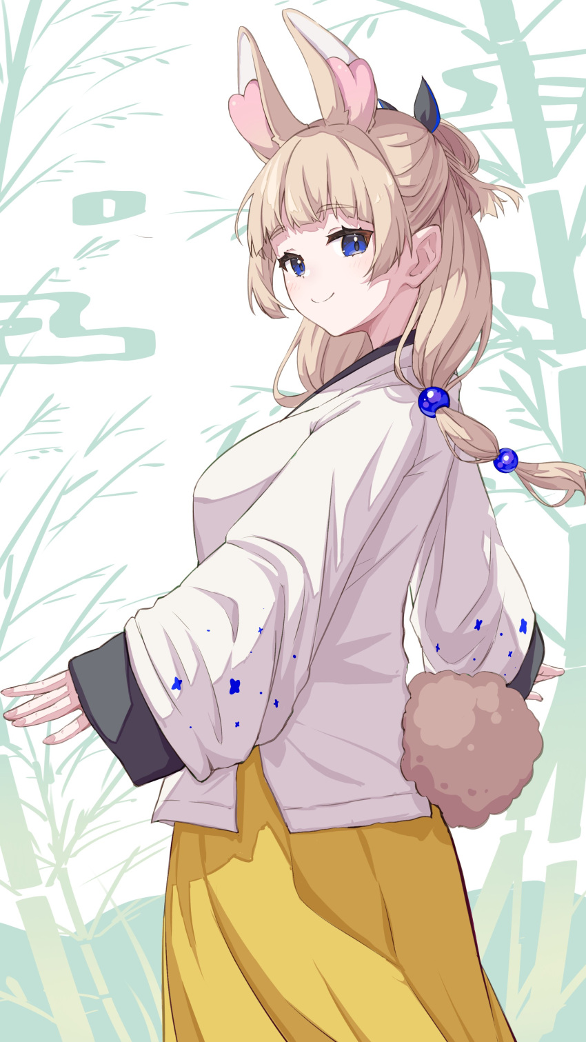 animal_ears bamboo bamboo_forest bangs blonde_hair blue_eyes blush breasts brown_skirt bunny_ears bunny_tail closed_mouth eyebrows_visible_through_hair female forest hair_ornament hair_ribbon hood hood_down jacket leaf long_hair long_sleeves looking_at_viewer looking_back ribbon skirt smile solo standing sweater tail virtual_youtuber vyugen yellow_skirt yenko