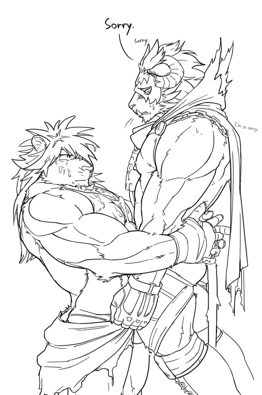 anthro bear_hug bearhug black_and_white cape clothing cum cum_on_chest cum_on_face demon erection feline gay horn krampus krampus_(tokyo_afterschool_summoners) macan_(tokyo_afterschool_summoners) magan male male_only mammal mask muscular muscular_male pecs penis sex text tiger tokyo_afterschool_summoners wrestling yaoi