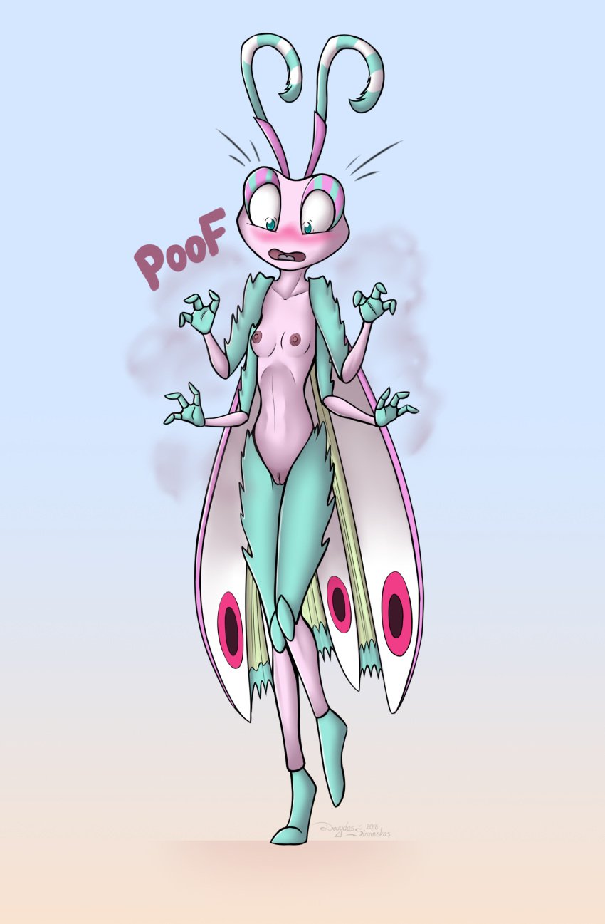 2018 antennae anthro arthropod blush breasts clothing dreamkeepers embarrassed female flower_mantis harmony_fairwing hi_res insects mancoin mantis moth multi_arm multi_limb nipples nude open_mouth orchid_mantis pussy signature simple_background small_breasts solo surprise text wardrobe_malfunction wings