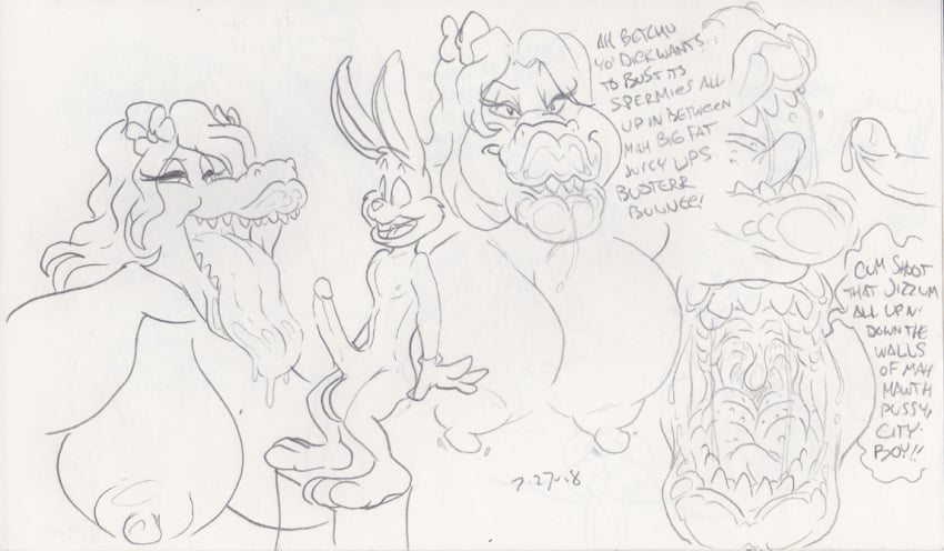 anthro big_boo big_tongue black_and_white breasts buster_bunny duo english_text female male monochrome nude papillae simple_background southern_accent southern_dialect straight taste_buds text thebigmansini tiny_toon_adventures tongue_fetish warner_brothers white_background