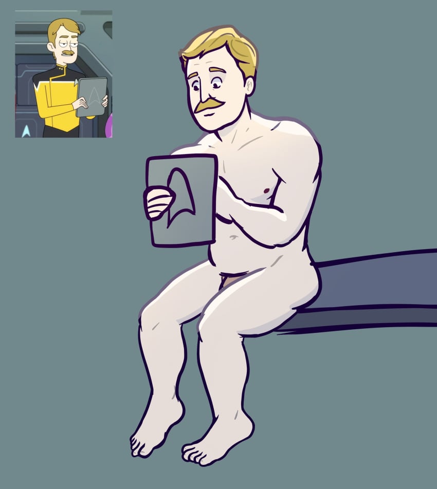 1boy andy_billups blonde_hair male male_focus male_only moustache nude nude_male padd plain_background reference_image sitting smiling solo star_trek star_trek_lower_decks tvfish-art