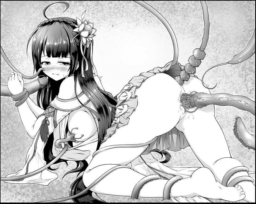 anal apsara_(elsword) ara_haan blush braid breast_sucking cat_and_rabbit clothed_sex elsword female long_hair milking_tentacles monochrome pumps pussy pussy_juice rape restrained sweatdrop tears tentacle tentacle_sucking_breasts trembling vaginal_penetration