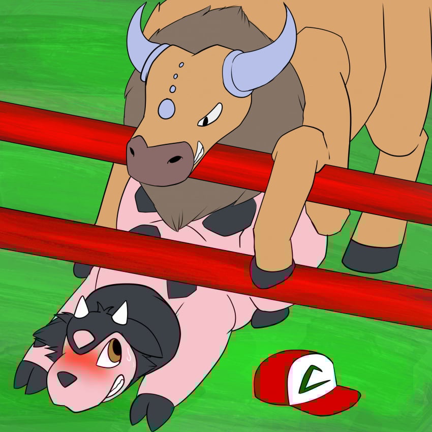 after_transformation blush bodily_fluids duo female feral from_behind_position generation_1_pokemon generation_2_pokemon hi_res male male/female male/male miltank mounting nintendo pokemon pokemon_(species) satoshi_(pokemon) sex sweat sweatdrop tauros through_wall wolfbird47 yaoi