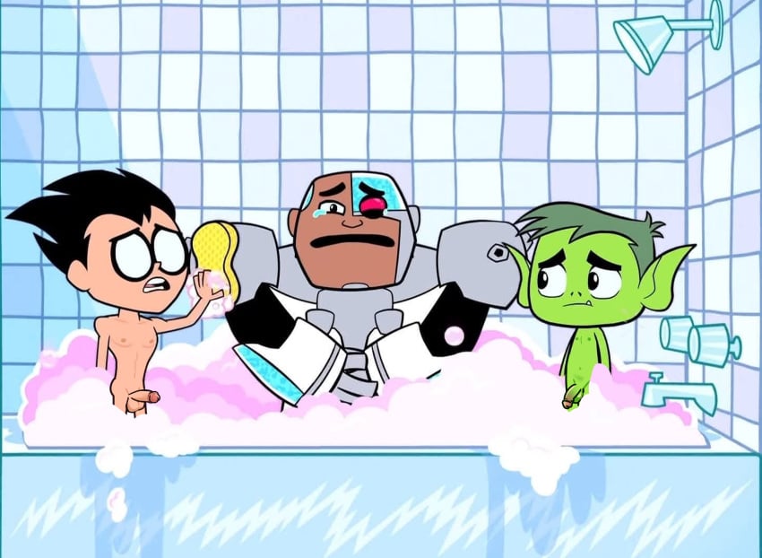 bath bathroom beast_boy canonical_scene cartoon cock cyborg cyborg_(dc) dc dc_comics dick dick_grayson edit exposed male male_only penis robin_(dc) robin_(dick_grayson) robin_(teen_titans_go!) screenshot screenshot_edit teen_titans teen_titans_go