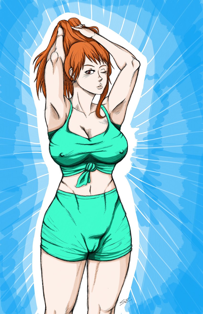 abs armpits arms_up blue_background breasts cameltoe deep_armpits female female_only huge_breasts human large_breasts midriff nami navel one_piece orange_hair szeroart toned toned_female workout workout_clothes