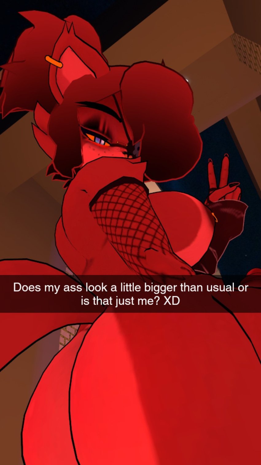 arm_warmers asking_a_question asking_viewer ass beautiful_eyes big_ass black_nails black_nose ear_piercing eyebrows eyepatch fexa fishnet_armwear fishnets fox fox_ears fox_tail freckles freckles_on_face huge_ass looking_at_camera looking_back mrhighvoice nipple_piercing peace_sign red_fur sexy_body sexy_pose vrchat