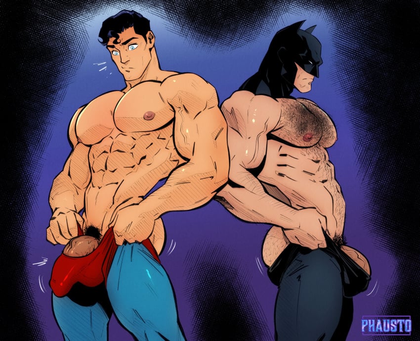 abs batman batman_(bruce_wayne) batman_(series) big_bulge big_pecs bruce_wayne bulge chest_hair clark_kent dc dc_comics dressing gay hairy hairy_ass hairy_chest hairy_male male male_focus male_only male_pubic_hair masked masked_male muscular muscular_male nipples pecs penis penis_outline penis_peek phausto pubes pubic_hair side_view superman superman_(clark_kent) superman_(series) topless topless_male yaoi