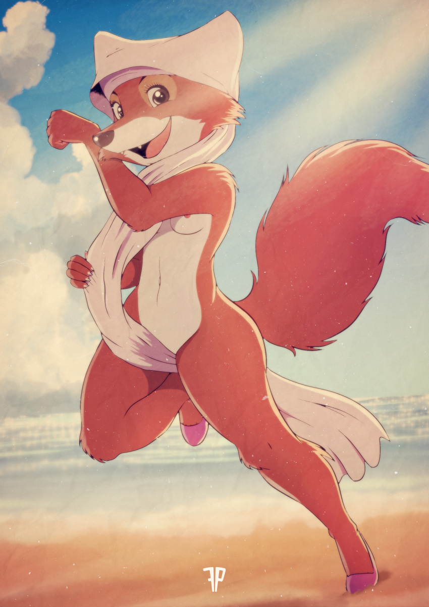 absurdres anthro beach breasts brown_eyes canine cheek_tuft cloud detailed_background disney female fox fox-pop furry headdress highres looking_at_viewer maid_marian mammal navel nipples nude open_mouth open_smile outdoors red_fox robin_hood_(disney) running sand seaside sky smile solo sunbeam tuft water white_belly