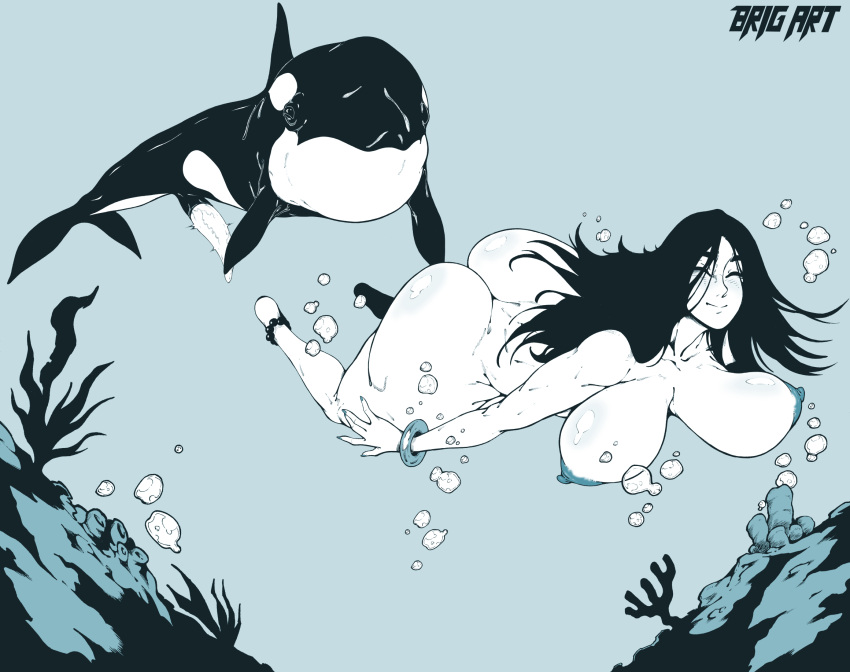 1boy 1girls animal_genitalia animal_penis ass black_hair breasts brig_art completely_nude completely_nude_female erection female huge_breasts huge_cock large_penis long_hair looking_at_viewer male nipples nude nude_female orca original penis swimming tao_long underwater water