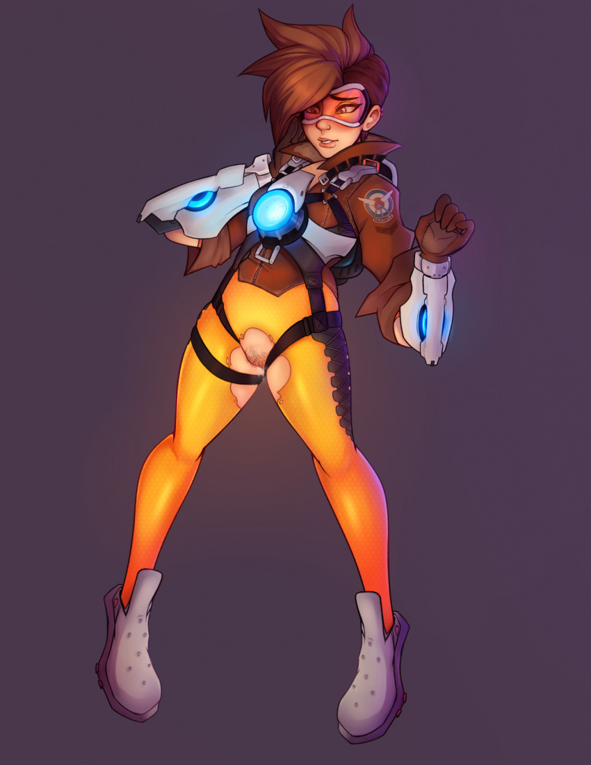 armor blush bomber_jacket bottomless brown_hair chronal_accelerator clothing crotch_cutout eyewear female female_only female_pubic_hair footwear front_view full_body gloves goggles hand_on_own_cheek harness highres human jacket legband leggings looking_down lustysheep overwatch pigeon-toed pubic_hair pussy pussy_juice shoes short_hair simple_background solo tracer vambraces