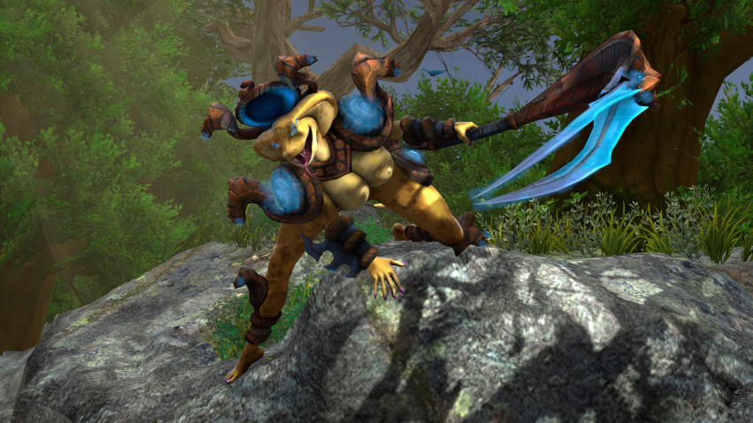 anthro armor bbdworks female glowing_eyes painted_nails snake tongue_out weapon yellow_skin