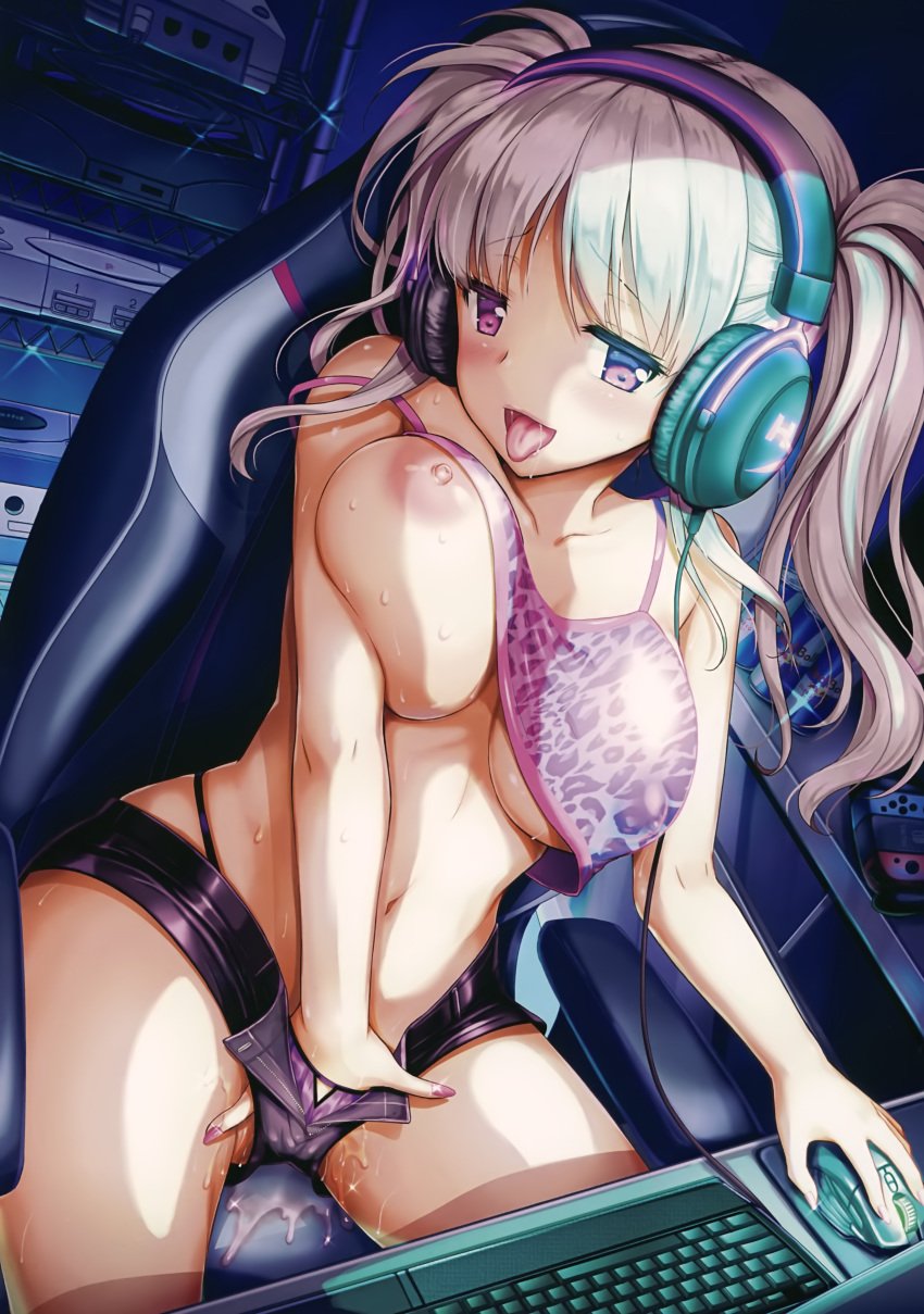 alto_seneka blush bra breast_hold breasts computer_mouse crop_top dreamcast erect_nipples eyebrows_visible_through_hair fingering gamecube gaming_chair hand_in_panties hand_in_pants hand_in_shorts headphones keyboard large_breasts lingerie masturbating masturbation nail_polish navel nintendo_switch nipples one_breast_out panties pink_bra pink_eyes pink_nail_polish playstation_1 pussy_juice pussy_juice_on_leg pussy_juice_puddle red_bull sega_saturn shirt_lift short_shorts silver_hair streaming sweat tagme thighs tongue tongue_out twintails underboob underwear unzipped unzipped_pants wet