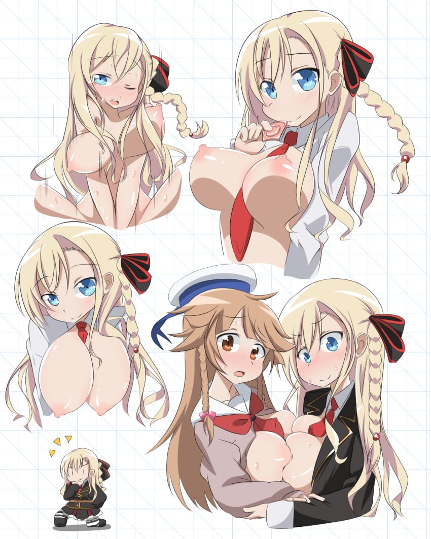 2girls blonde_hair blue_eyes blush braid breasts breasts_out brown_eyes brown_hair captain_zares condom hair_ornament hair_ribbon high_school_fleet highres kouko_nosa large_breasts looking_at_viewer multiple_girls nipples no_bra nude open_clothes open_mouth open_shirt ribbon simple_background smile sweat topless translation_request white_background wilhelmina_braunschweig_ingenohl_friedeburg