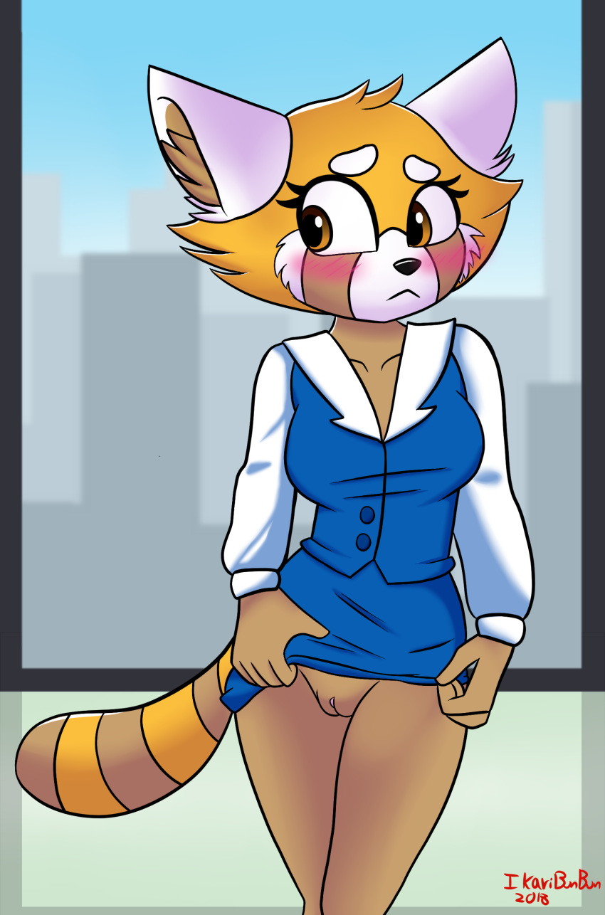 2d aggressive_retsuko anthro blush clitoris clothed clothing female flashing fur ikaribunbun mammal nervous office_lady orange_fur panties presenting presenting_pussy pussy red_panda retsuko simple_background solo straight_hair tagme underwear