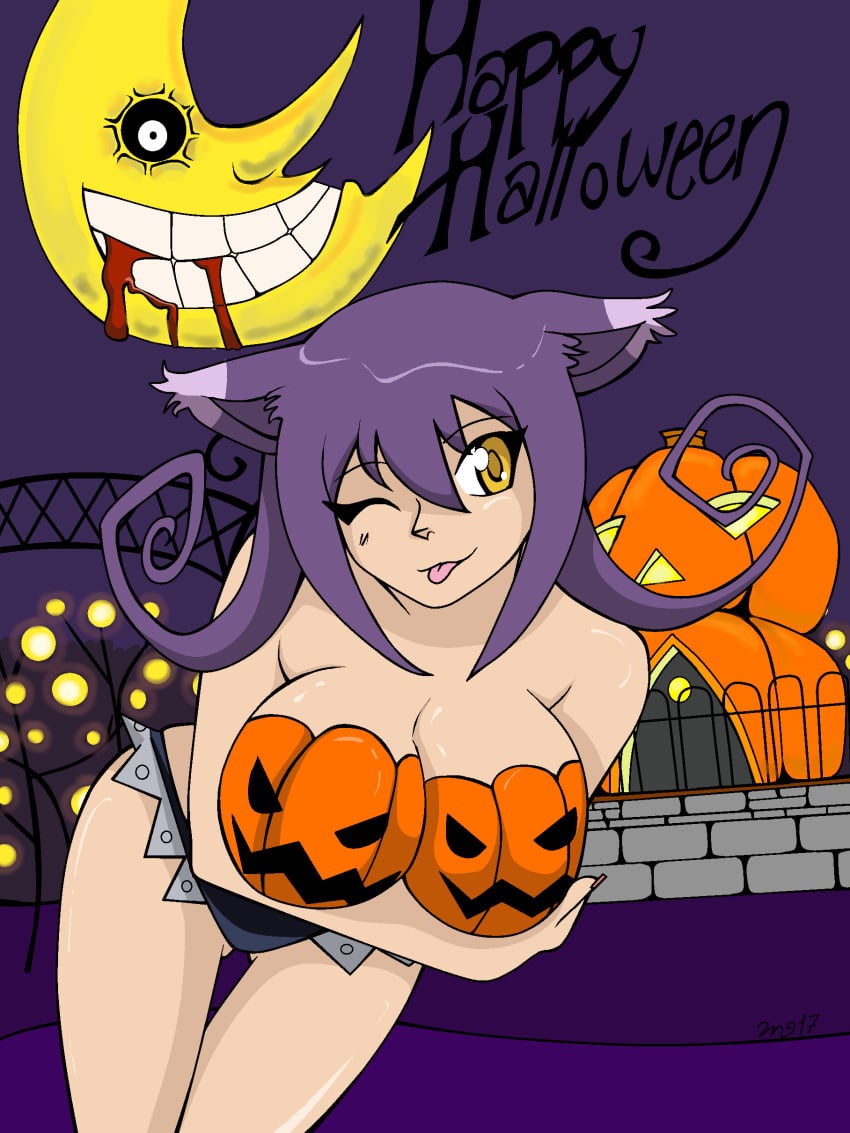 blair_(soul_eater) blood body bodypaint breasts catgirl cut_offs cute feline forest halloween happy_halloween hot_pants house jack_o'_lantern lantern large_breasts magic moon paint pumpkin pumpkin_boobs soul_eater topless