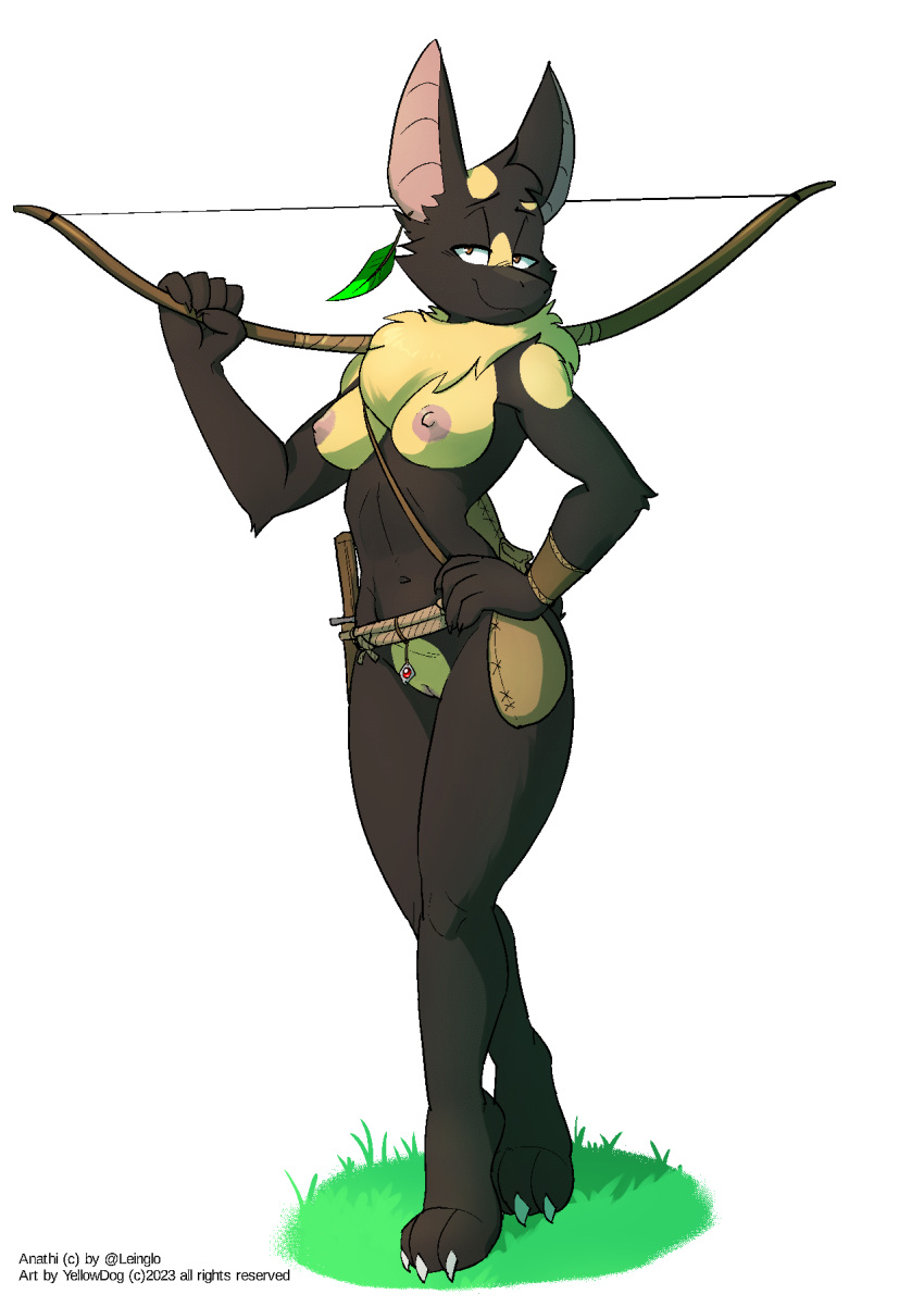 1girls 2023 3_toes anathi anthro artbyyellowdog bat belt black_body bow_(weapon) breasts claws feather_earring feet female female_only genitals hand_on_hip hi_res knife looking_at_viewer mammal multicolored_body navel neck_tuft nipples nude original pouch_(anatomy) pouch_purse pussy ranged_weapon rope rope_belt simple_background smile solo standing toe_claws toes tuft two_tone_body vagina weapon white_background wingless_bat wristband yellow_body