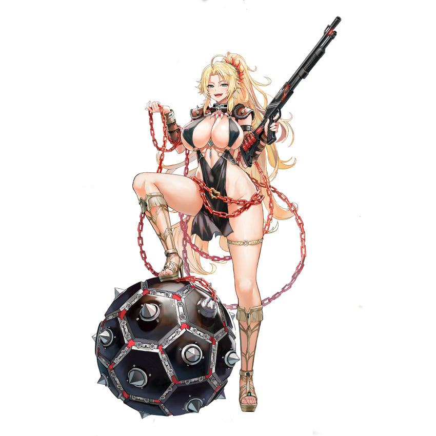 1girls areolae barbariana_(last_origin) bare_legs bare_midriff bare_thighs barely_visible_pussy black_clothing blonde_hair blue_eyes bracers breasts chains cleavage cowlick dominant_female dress female female_only front_view gun gyaru heel_boots heels inner_sideboob large_breasts last_origin light-skinned_female light_skin long_hair long_ponytail looking_at_viewer midriff navel_line nipple_bulge nipples nipples_visible_through_clothing official_art ponytail revealing_clothes sideboob skimpy skimpy_clothes skimpy_dress smile sole_female solo taesi tagme thick_thighs thigh_strap thighs toes transparent_background underboob weapon wrecking_ball