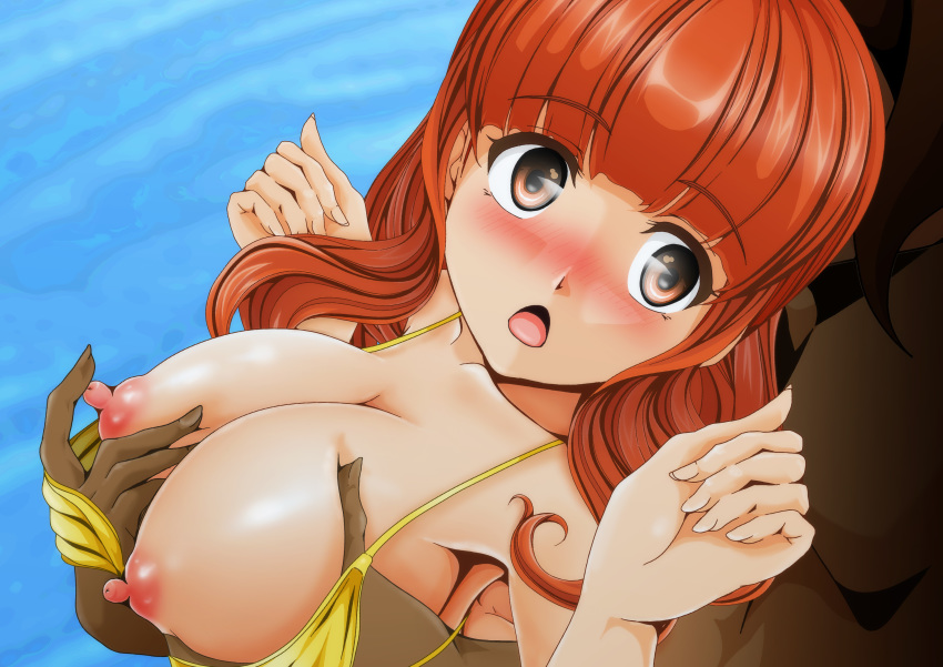 1boy absurdres bikini blush breast_grab breasts brown_eyes female girls_und_panzer grabbing highres large_breasts looking_at_viewer nanashi_noiji nipples ocean open_mouth orange_hair smile swimsuit swimwear takebe_saori yellow_bikini