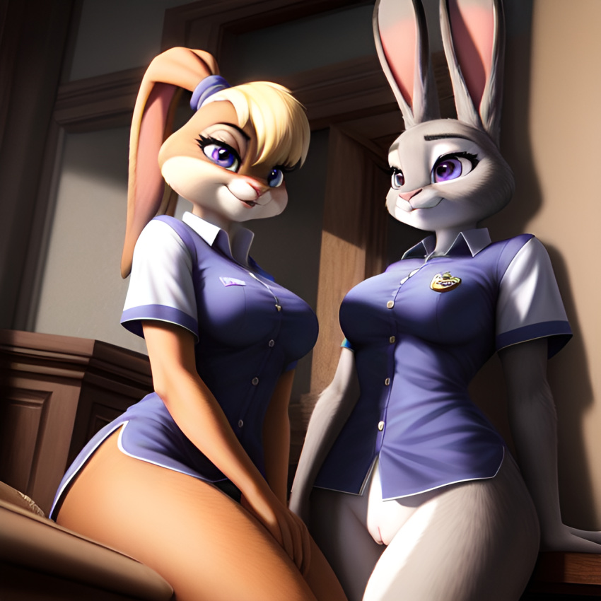 2020s 2023 2girls ai_generated anthro badge big_breasts bottomless bottomless_female breasts crossover disney female female_only frosting.ai furry grey_fur half_naked judy_hopps lola_bunny looney_tunes multicolored_body naked_shirt orange_fur pussy scalieton self_upload shirt_only smile smiling tight_clothing uniform uniform_top vagina warner_brothers zootopia