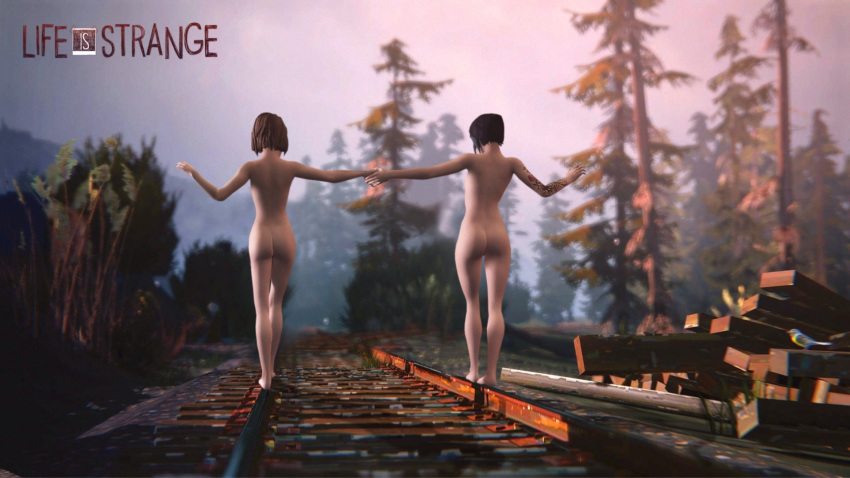 2girls 3d ass casual casual_nudity chloe_price completely_nude cute female female_only female_with_female forest game holding_hands human large_ass legs life_is_strange max_caulfield nude nudist outdoor_nudity outdoors outside pale_skin petite public railway_track rastifan train_tracks yuri