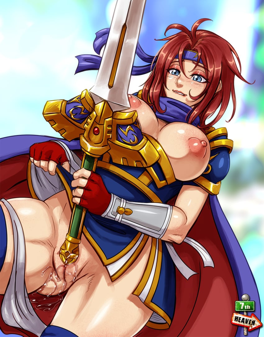 1girls 7th-heaven areolae armor big_breasts biting_lip blue_eyes breasts cape clothing ejaculation erect_nipples female female_only fingerless_gloves fire_emblem fire_emblem:_the_binding_blade functionally_nude genderswap gloves hair headband looking_pleasured masturbating_with_weapon masturbation nintendo nipples panties panties_around_leg pants_down pussy pussy_ejaculation pussy_juice pussy_juice_drip pussy_juice_trail red_hair roy_(fire_emblem) rule_63 solo sword text vaginal_masturbation video_games watermark wet