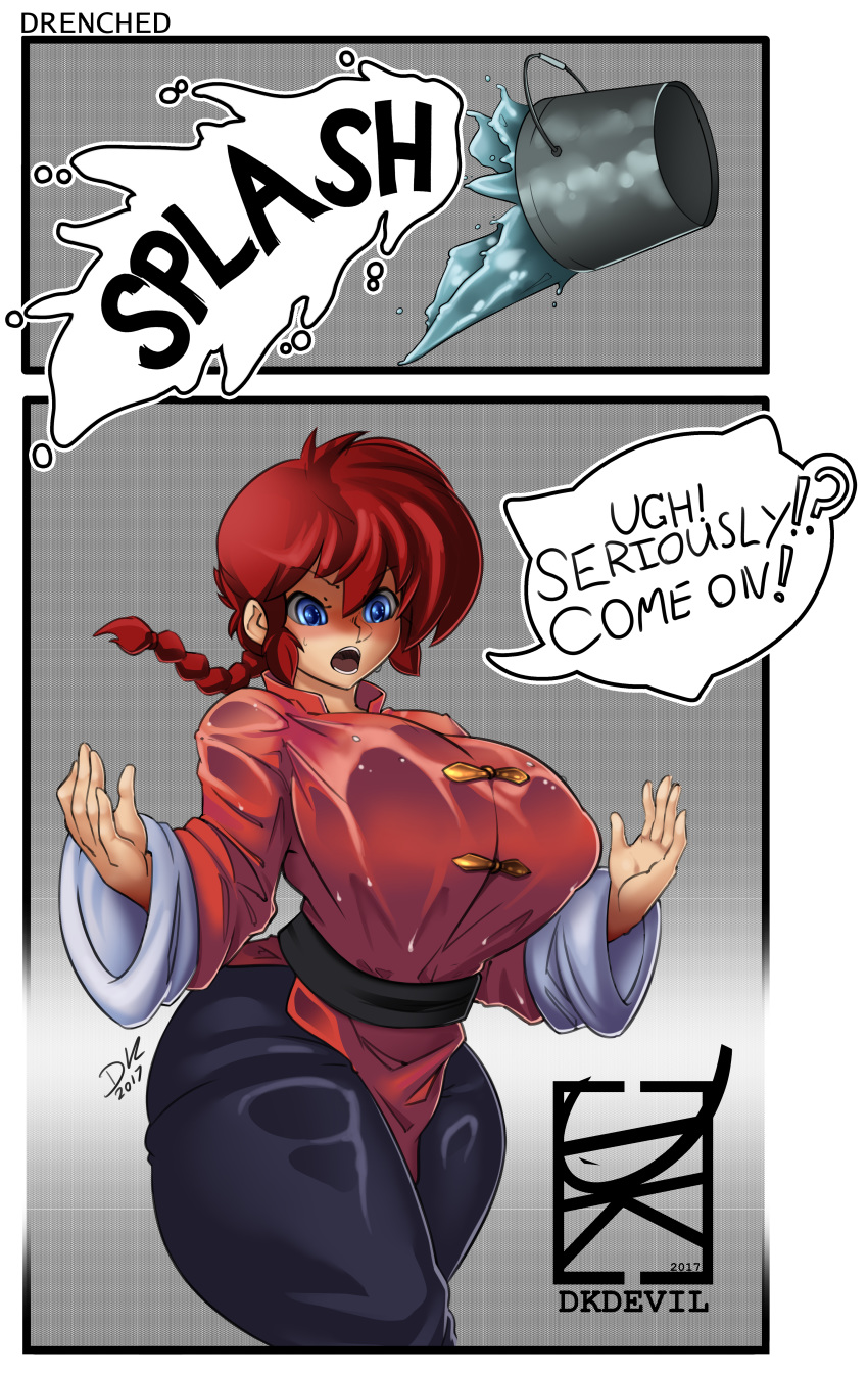 1girls angry blue_eyes breasts chinese_clothes cleavage clothed clothing comic curvy dialogue dkdevil english_text female female_only fully_clothed gender_transformation genderswap_(mtf) gigantic_breasts hourglass_figure huge_breasts large_breasts ranma-chan ranma_1/2 ranma_saotome red_hair rule_63 solo text voluptuous water wet wet_clothes wide_hips