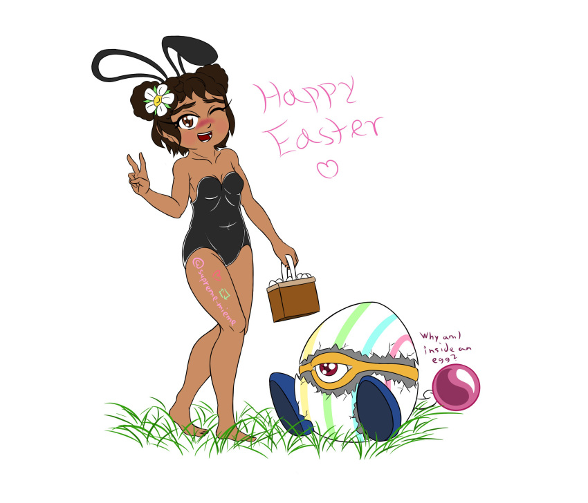 ayuhaka blue_footwear blush breasts brown_skin bunny_ears bunny_girl bunnysuit cameltoe cyclops dark-skinned_female drdood easter easter_egg egg flower grass holding_basket looking_at_viewer no_bra no_panties one_eye open_mouth red_eye shared_memories text