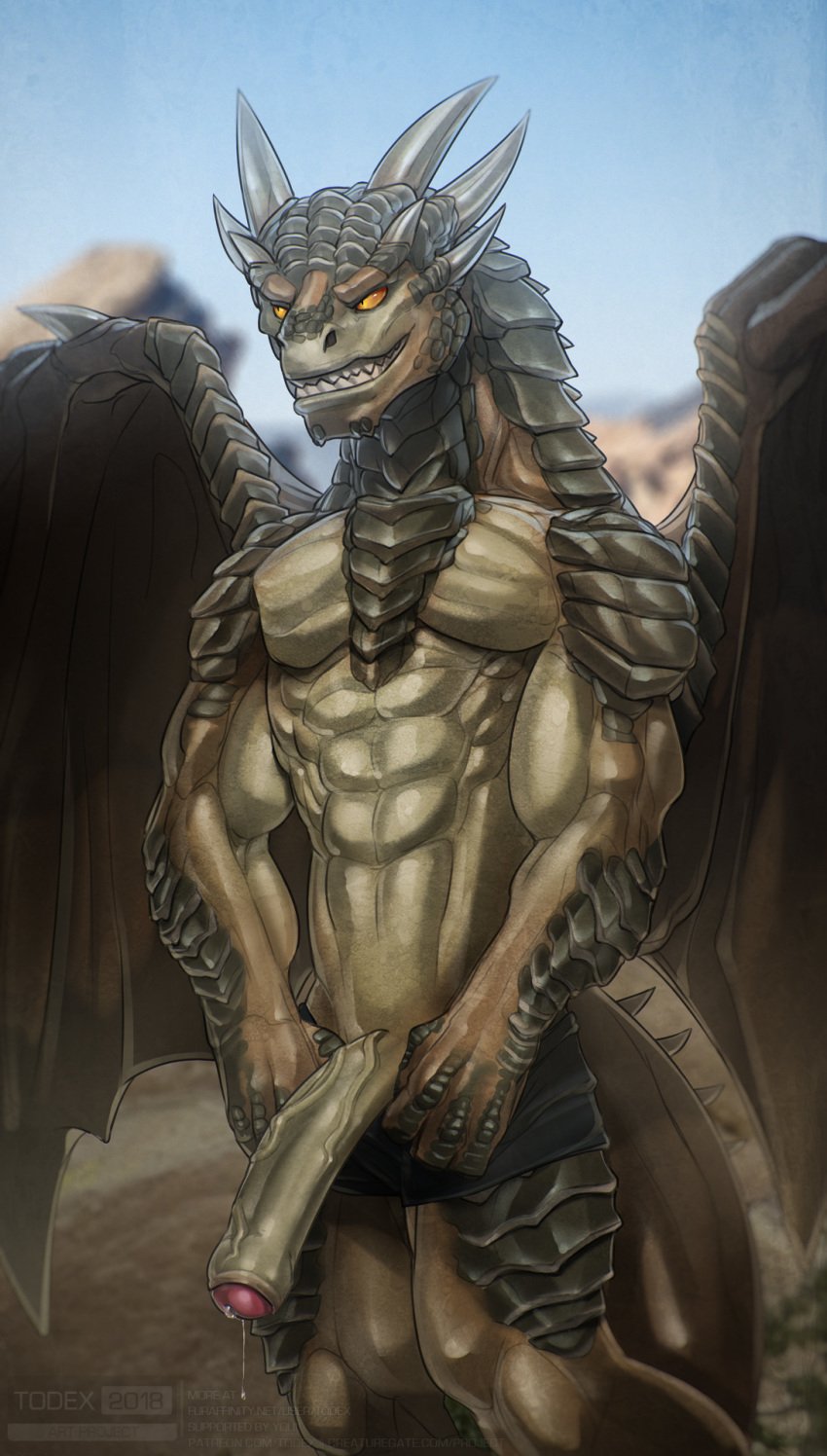 2018 anthro big_penis clothed clothing draco_(dragonheart) dragon dragonheart erection horn humanoid_penis male male_only penis precum scales scalie sharp_teeth solo todex topless underwear vein veiny_penis western_dragon wings