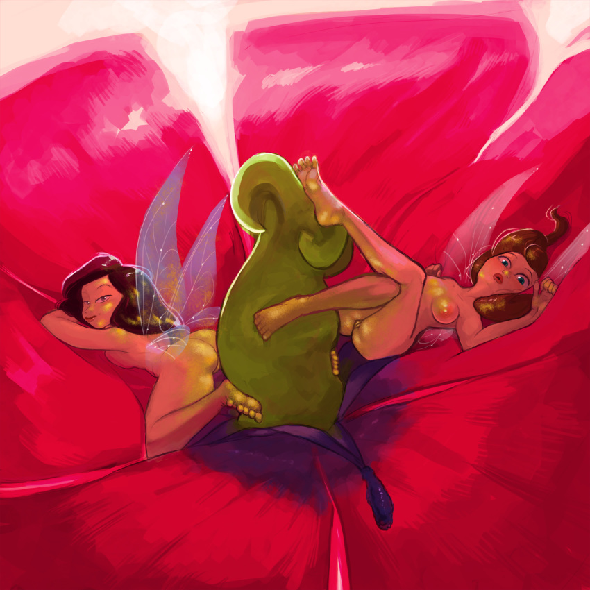 2girls black_hair breasts brown_hair disney disney_fairies fairies fairy fairy_wings feet female female_only flower fudgy_fart lipstick long_hair looking_at_viewer looking_over_shoulder multiple_girls nipples nude painting_(artwork) phallic_symbol png pussy rosetta_(disney_fairies) sexually_suggestive silvermist simulated_footjob source_request wings