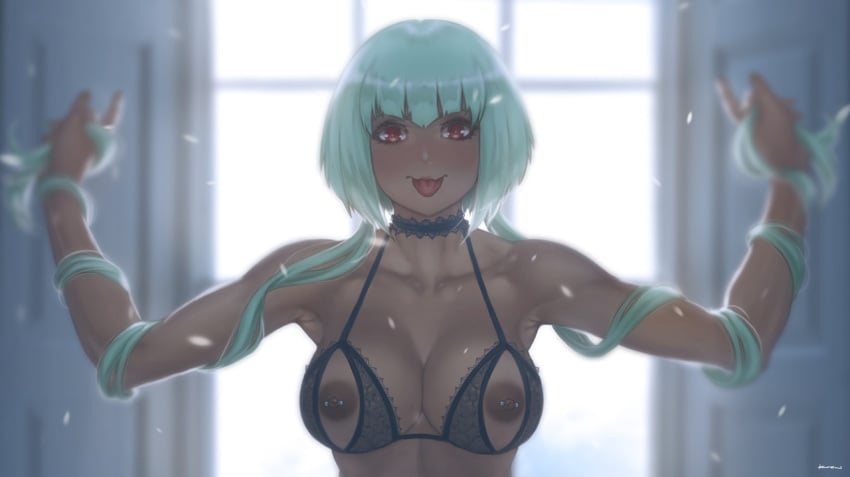 1girls areolae breasts choker cleavage dark-skinned_female dark_skin emerald_sustrai female female_only green_hair highres lace_choker lingerie long_hair nipple_piercing nippleless_bra nippleless_clothes nipples prinzkuon red_eyes rwby solo tongue tongue_out underwear window