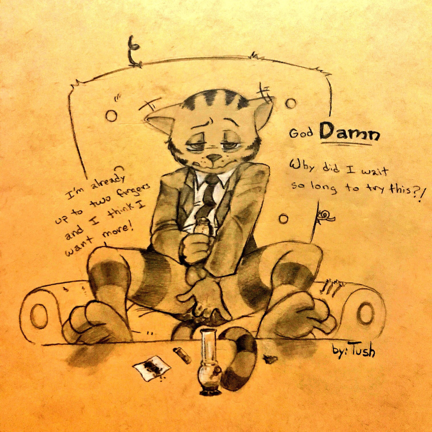 anthro anthro_male anus balls barefoot chair clothing dialogue drugs english_text feline fritz fritz_the_cat fritz_the_cat_(character) front_view male male_only mammal marijuana masturbation necktie reclining smoking solo spiral_eyes spreading suit text tush