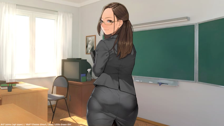 16:9 1girl 1girls 2d 2d_(artwork) adult adult_female artist_name asian asian_female ass bangs binder black_jacket black_skirt breasts brown-framed_eyewear brown-framed_glasses brown_eyes brown_hair business_suit classroom closed_mouth earrings female female_only formal from_behind ganbare_douki-chan glasses grey_jacket grey_skirt hips holding_object hoop_earrings human human_female human_only jacket japanese japanese_female jewelry light-skinned_female light_skin long_hair looking_at_viewer looking_back lower_body medium_breasts megane miniskirt miru_tights multiple_views no_sex not_ai_generated okuzumi_yuiko pantylines pencil_skirt realistic_proportions resized school semi-rimless_eyewear semi-rimless_glasses sfw shirt skirt skirt_suit smile smiling_at_viewer solo solo_female standing straight_hair suit swept_bangs tareme teacher text tied_hair upper_body walking wallpaper watermark white_shirt yomu_(sgt_epper) young_woman