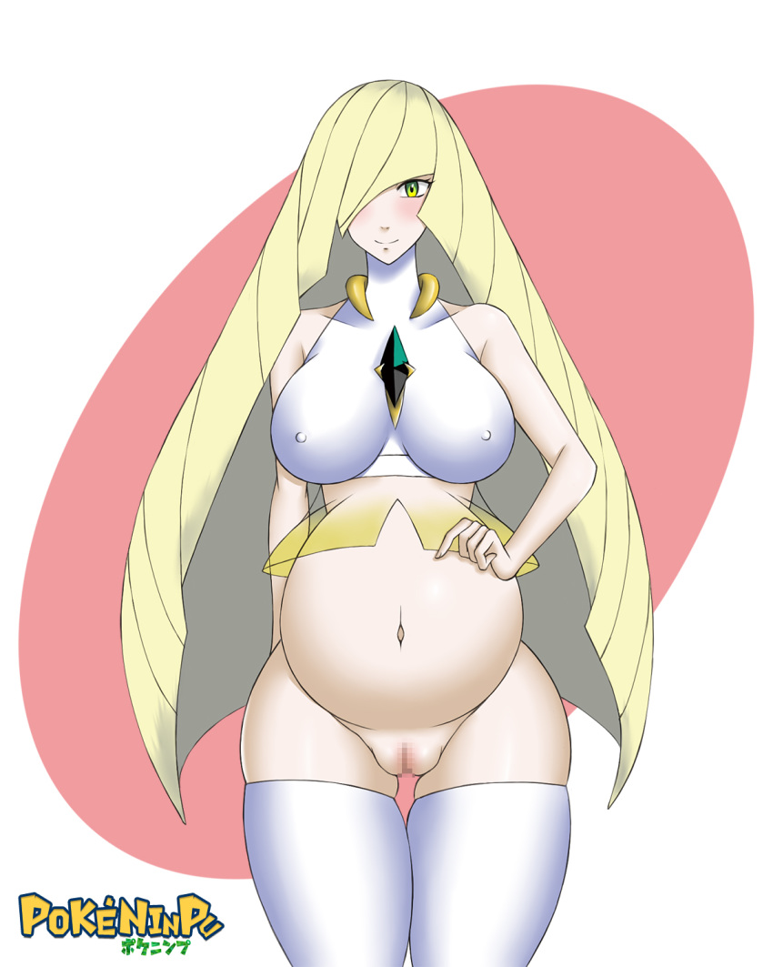 1girls belly big_breasts blonde_hair blush eye_contact green_eyes large_breasts long_hair looking_at_viewer lusamine_(pokemon) mature_female milf mosaic_censoring mother nintendo pale-skinned_female pale_skin pokemon pokemon_sm pokeninpu pregnant pussy standing thick_thighs thigh_gap thighhighs wide_hips