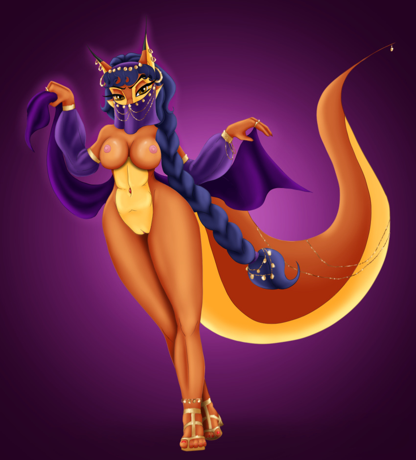 anthro anthro_only astraldog belly_dancer blue_hair breasts canine carmelita_fox cleavage clothed clothing dancing female fox fur hair harem_outfit jewelry mammal nipples orange_fur pussy skimpy sly_cooper_(series) solo veil video_games