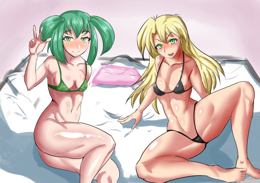 2girls blonde_hair blush female female_only freckles green_eyes green_hair looking_at_viewer luna_(yu-gi-oh!) multiple_girls rebecca_hawkins rebecca_hopkins thick_thighs yu-gi-oh! yu-gi-oh!_5d's