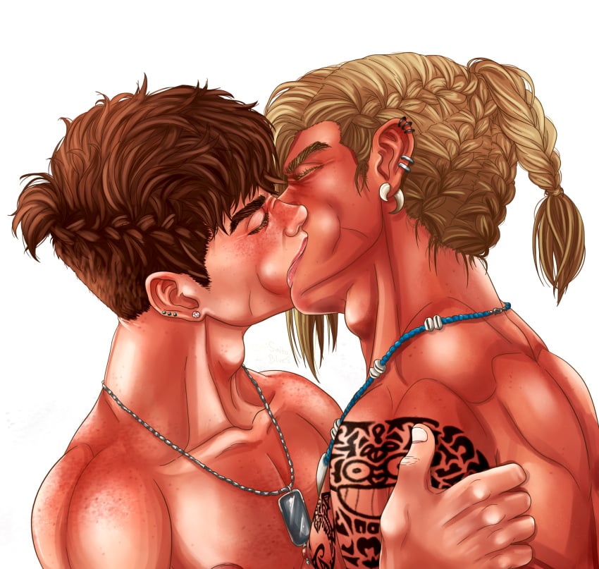 2boys amour_sucre bara blonde_hair blonde_hair_on_brown_hair blonde_hair_top braid brown_hair brown_hair_bottom dake deep_kissing domination ear_piercing earrings freckled_skin freckles gay kentin kissing light_hair_on_dark_hair my_candy_love necklace tan_skin tongue_kiss yaoi