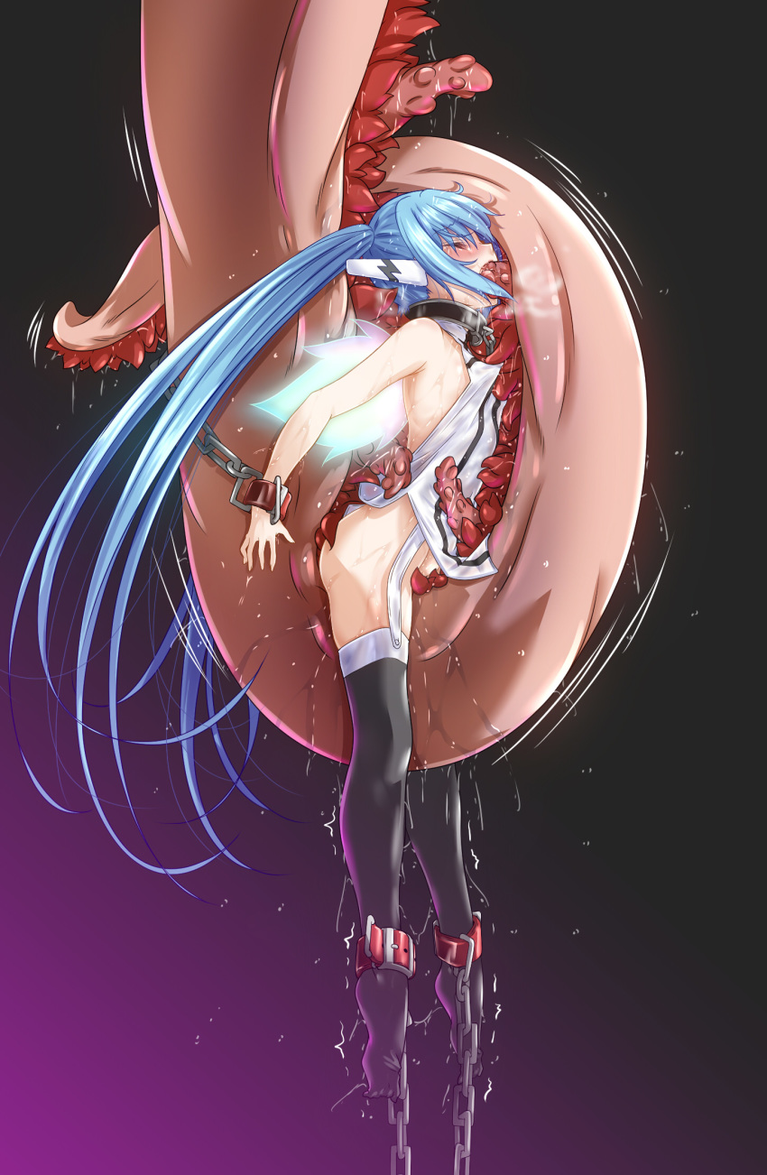 ambiguous_penetration ankle_cuffs blue_hair blush bondage bound chains closed_eyes collar covered_penetration dress female fumihiro helpless highres implied_penetration implied_sex long_hair no_panties nymph_(sora_no_otoshimono) oral pussy_juice robot_ears sex_under_clothes sex_under_dress solo sora_no_otoshimono tentacle tentacle_under_dress tentacles_under_clothes thighhighs twintails wings wrist_cuffs