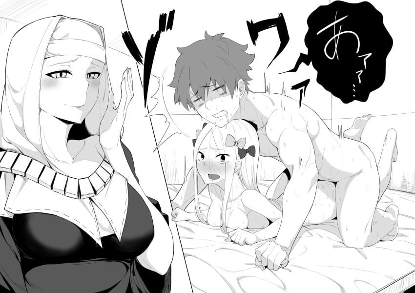 1boy 2girls abigail_williams_(fate/grand_order) absurdres araki_jeccy blush bow breasts commentary fate/grand_order fate_(series) fujimaru_ritsuka_(male) greyscale hairbow highres long_hair lying monochrome multiple_girls nun on_bed on_stomach open_mouth panicking prone_bone sesshouin_kiara sex small_breasts straight sweat teeth ts