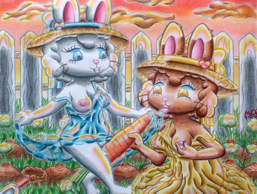 2018 backyard blue_eyes bow brown_fur carrot cinnamon clothing cloud evening female fence fluffy fluffy_tail food fur garden grass happy hat incest kneeling lagomorph mammal mukucookie nipple_pinch nipples one_breast_out open_mouth oral outside pinch pink_nose pink_tongue pussy rabbit ribbons saliva saliva_string shovel sibling sisters smile straw_hat sugar suggestive suggestive_food sundress sunset tongue tongue_out traditional_media_(artwork) translucent trowel twincest twins vegetable whiskers white_fur yellow_eyes yuri