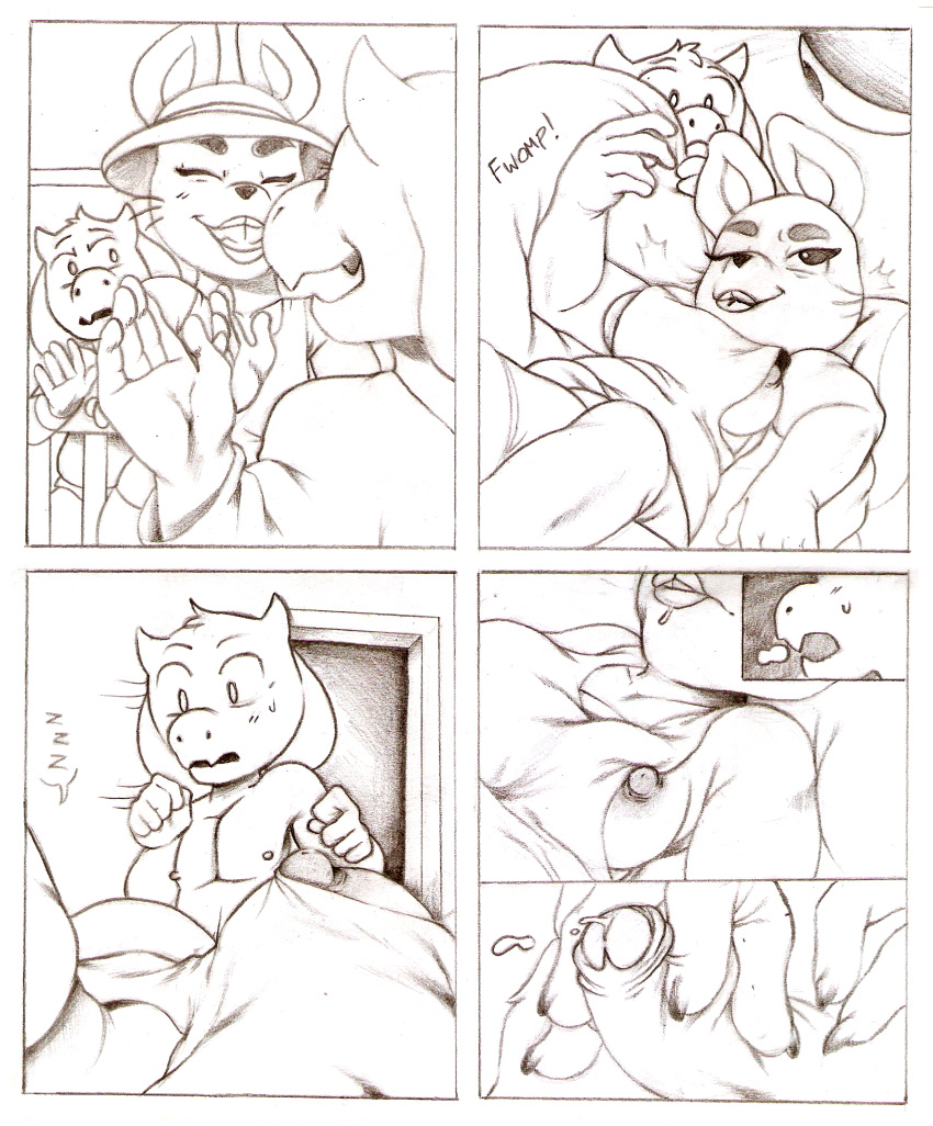 2018 5_fingers anthro asriel_dreemurr breasts caprine comic cruelpastry female goat lagomorph male mammal masturbation monochrome nipple_slip nipples panting penis precum rabbit rabbit_shopkeeper rabbit_shopkeeper_(undertale) sleeping smile snowdin_shopkeeper standing toriel traditional_media_(artwork) uncut undertale video_games whiskers young