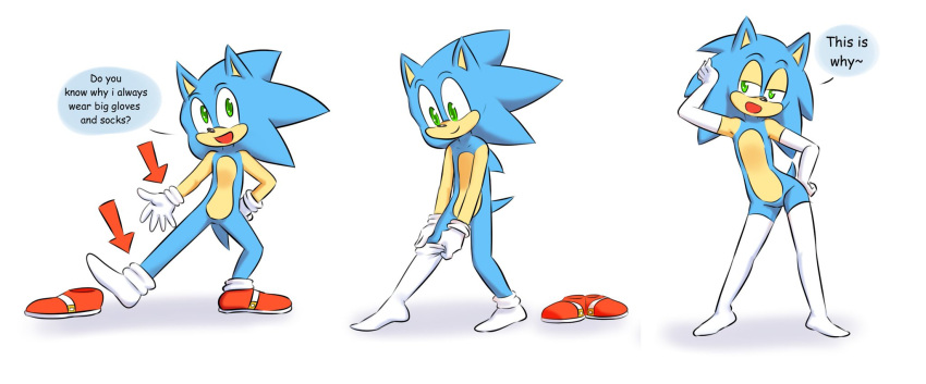 1boy armwear english_text evening_gloves exposed_torso femboy footwear handwear humanoid legwear male_only no_humans non-human non-human_only pose shoes solo sonic_(series) sonic_the_hedgehog sparkydb speech_bubble stockings tagme text thighhighs twink