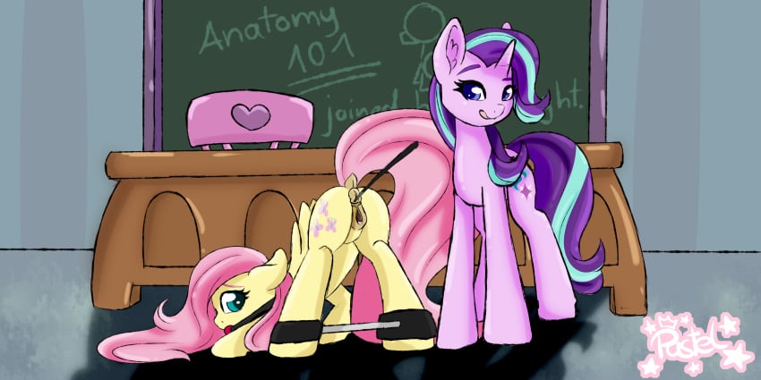 2018 anus ball_gag bondage bound chalkboard classroom clitoral_winking clitoris cutie_mark duo english_text equine feathered_wings feathers female feral fluttershy_(mlp) friendship_is_magic gag gagged horn indoors looking_at_viewer mammal multicolored_hair my_little_pony pastel-pony-princess pegasus pointer presenting presenting_anus presenting_pussy pussy red_ball_gag school sex_education spread_legs spread_pussy spreader_bar spreading starlight_glimmer table text two_tone_hair unicorn wings